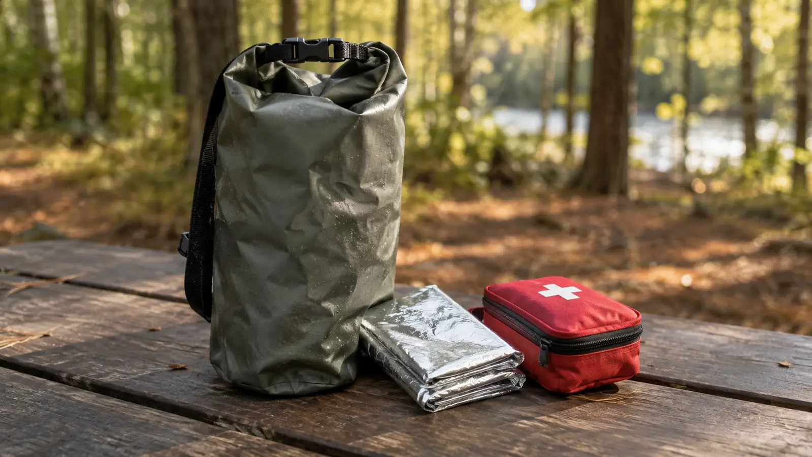 A dry bag holding a folded emergency blanket and a small first aid kit on a picnic table in the woods