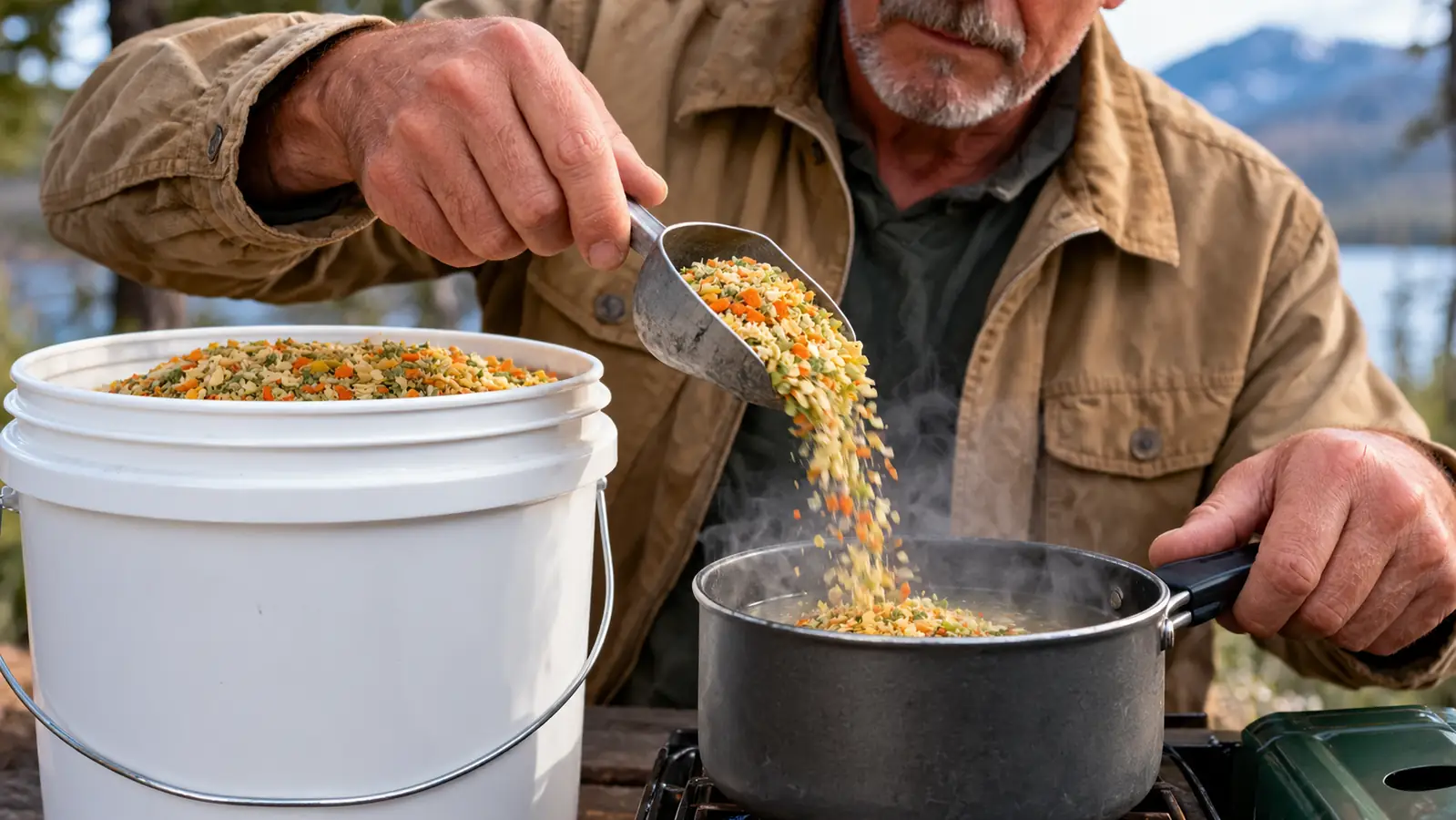 Hand scooping emergency food mix from an open bucket into a pot