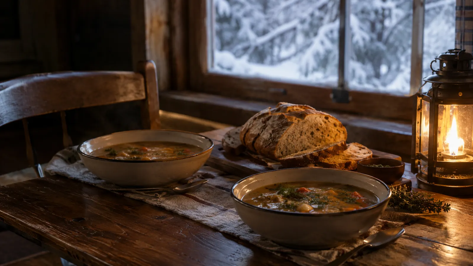 Two bowls of soup on a kitchen table during a power outage