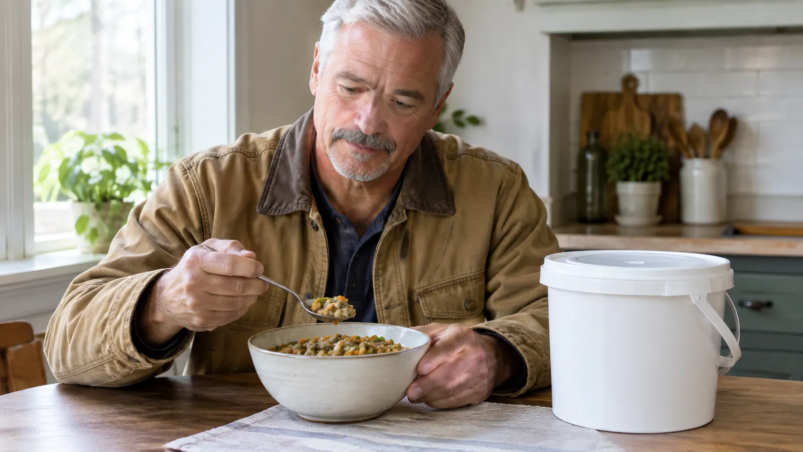 A person spooning prepared emergency food from a bowl at a kitchen table