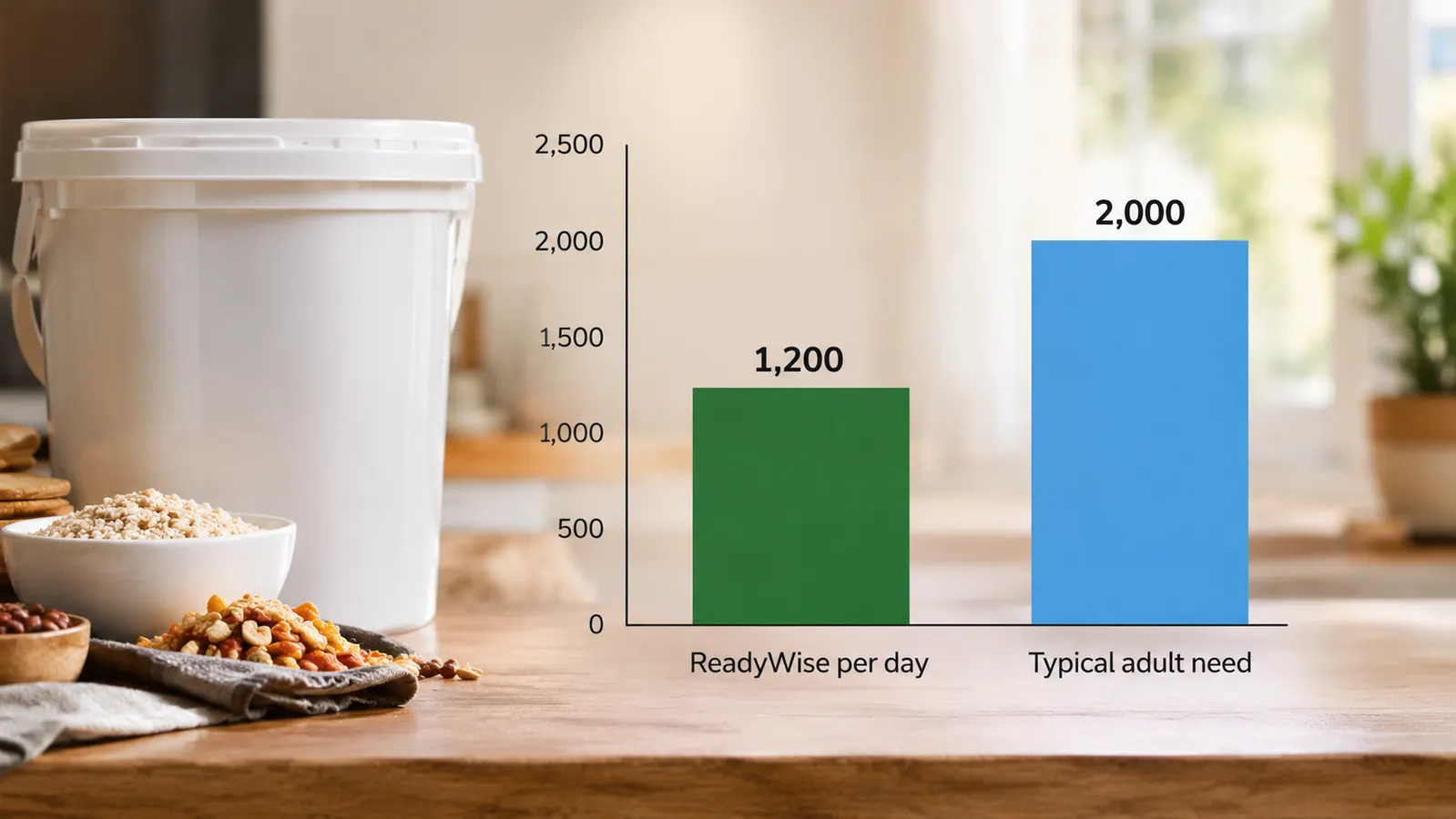 A simple bar chart showing calories per day from the ReadyWise bucket compared to a typical adult daily need