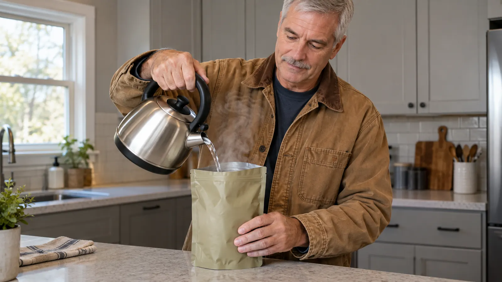 A hand pouring hot water into a pouch of freeze-dried food on a kitchen counter