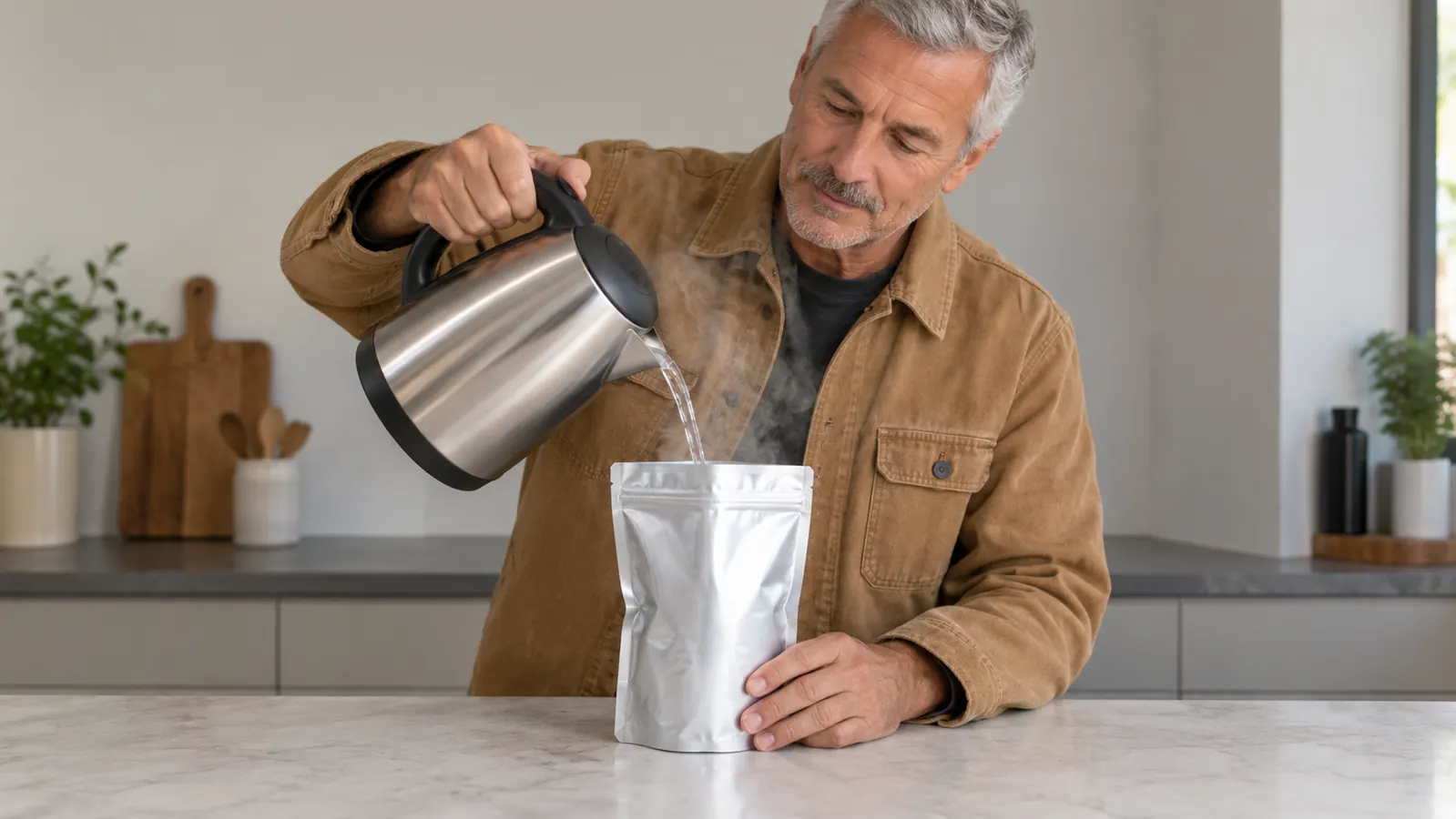 A hand pouring hot water from a kettle into a foil pouch on a kitchen counter, steam rising