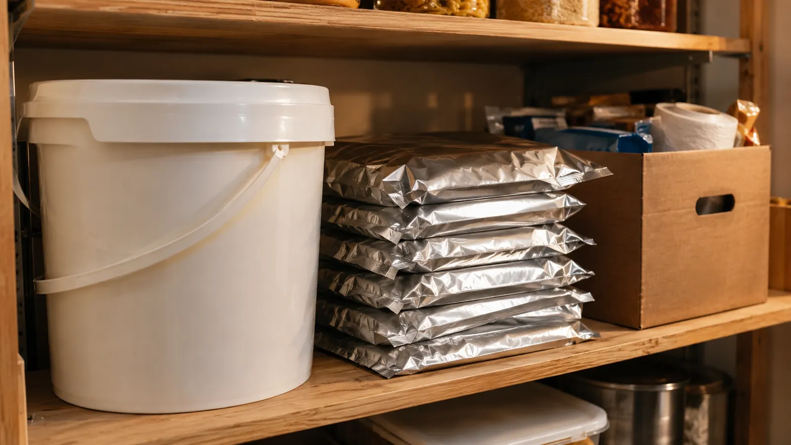 A pantry shelf with a food storage bucket beside a stack of foil pouches and a box of supplies